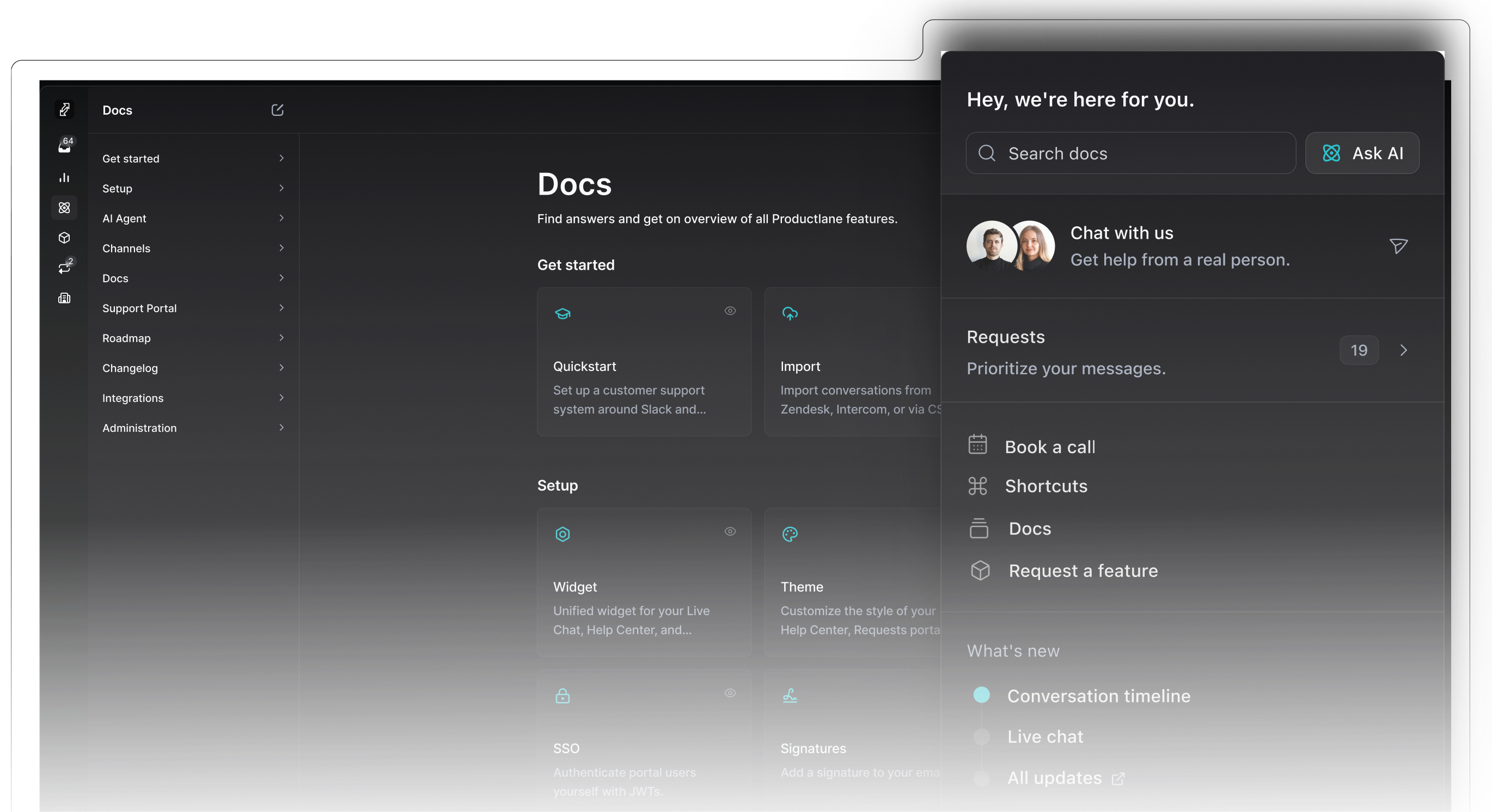 Productlane docs page with widget overlay showing search, AI chat, and changelog
